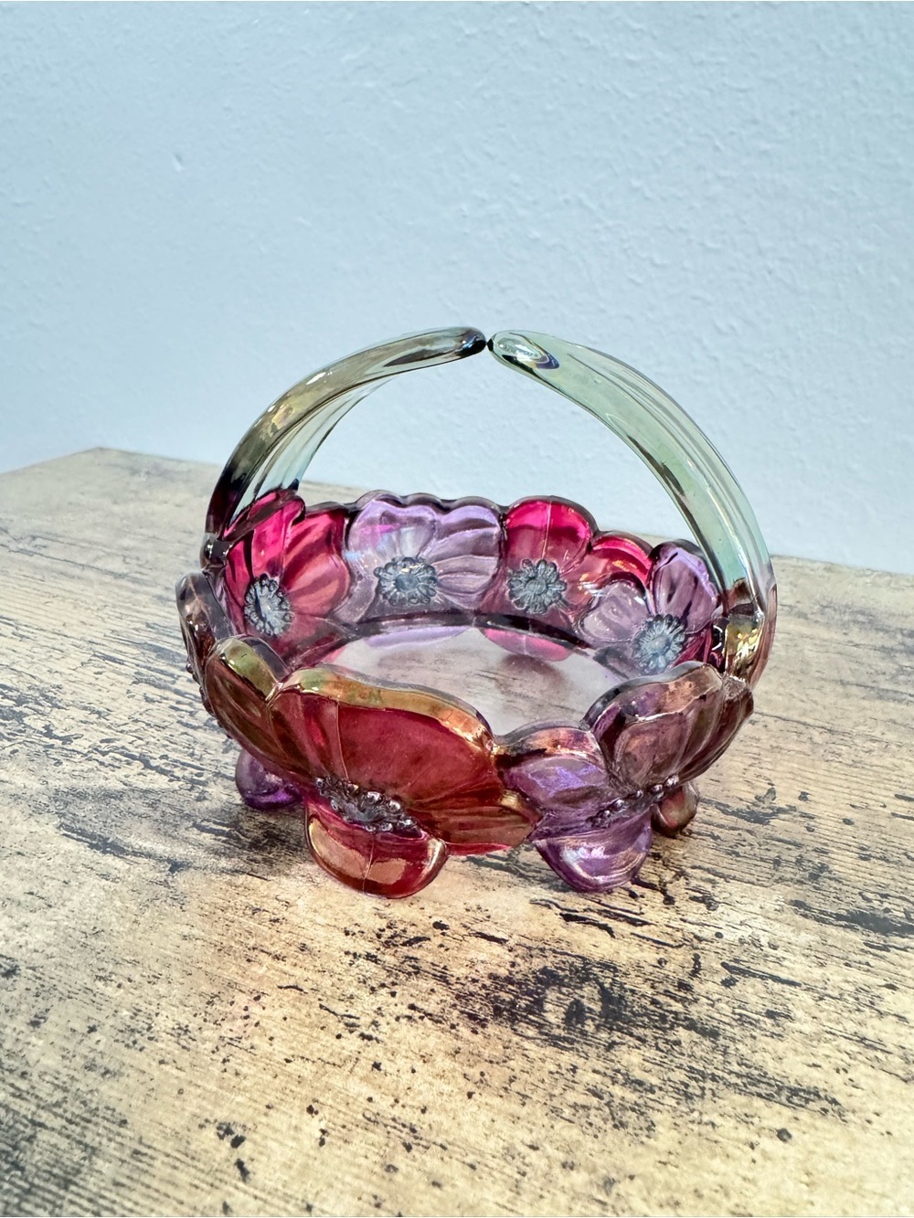 Pink & Purple Floral Glass Basket Decorative Art Glass Dish - Picture 6 of 12